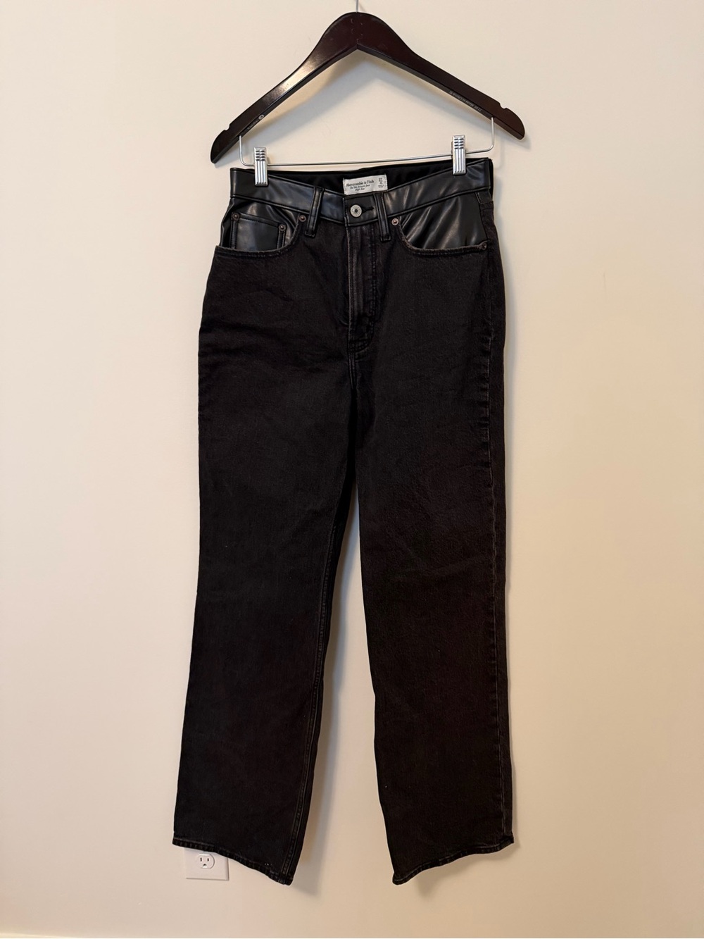 Abercrombie & Fitch Black Straight Jeans with Faux Leather Trim